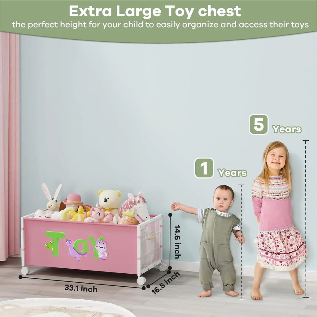 120L Kids Toy Box with Wheels & Handle, Large Toy Chest for Boys Girls, Pink Storage Organizer