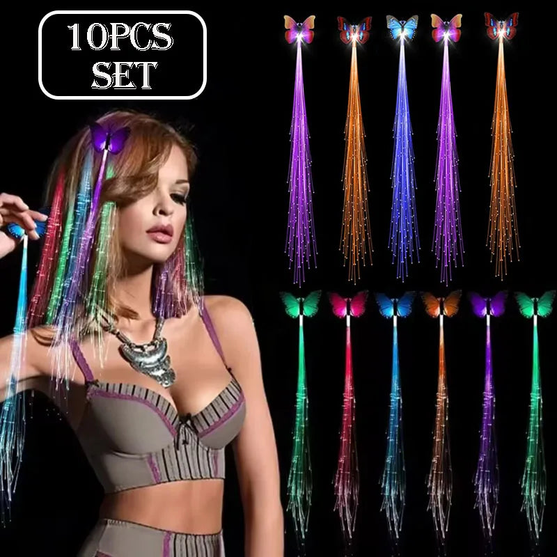10pcs Butterfly Light up Hair Clip colorful Glowing Hair Braid Night Club wedding party luminous accessories for Girl and Women