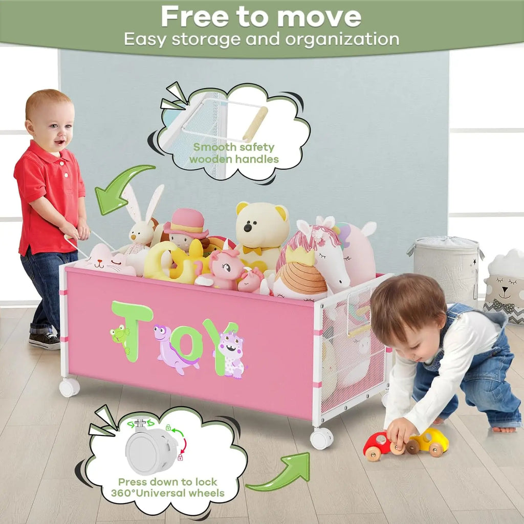 120L Kids Toy Box with Wheels & Handle, Large Toy Chest for Boys Girls, Pink Storage Organizer