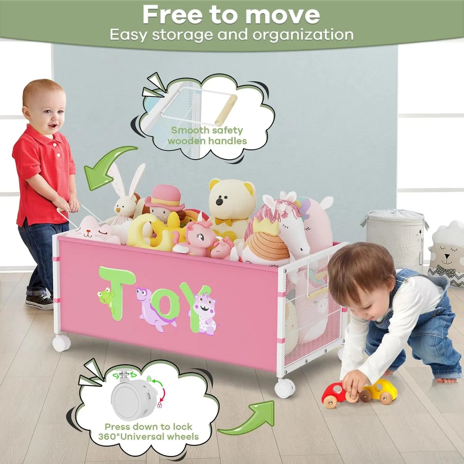 120L Kids Toy Box with Wheels & Handle, Large Toy Chest for Boys Girls, Pink Storage Organizer