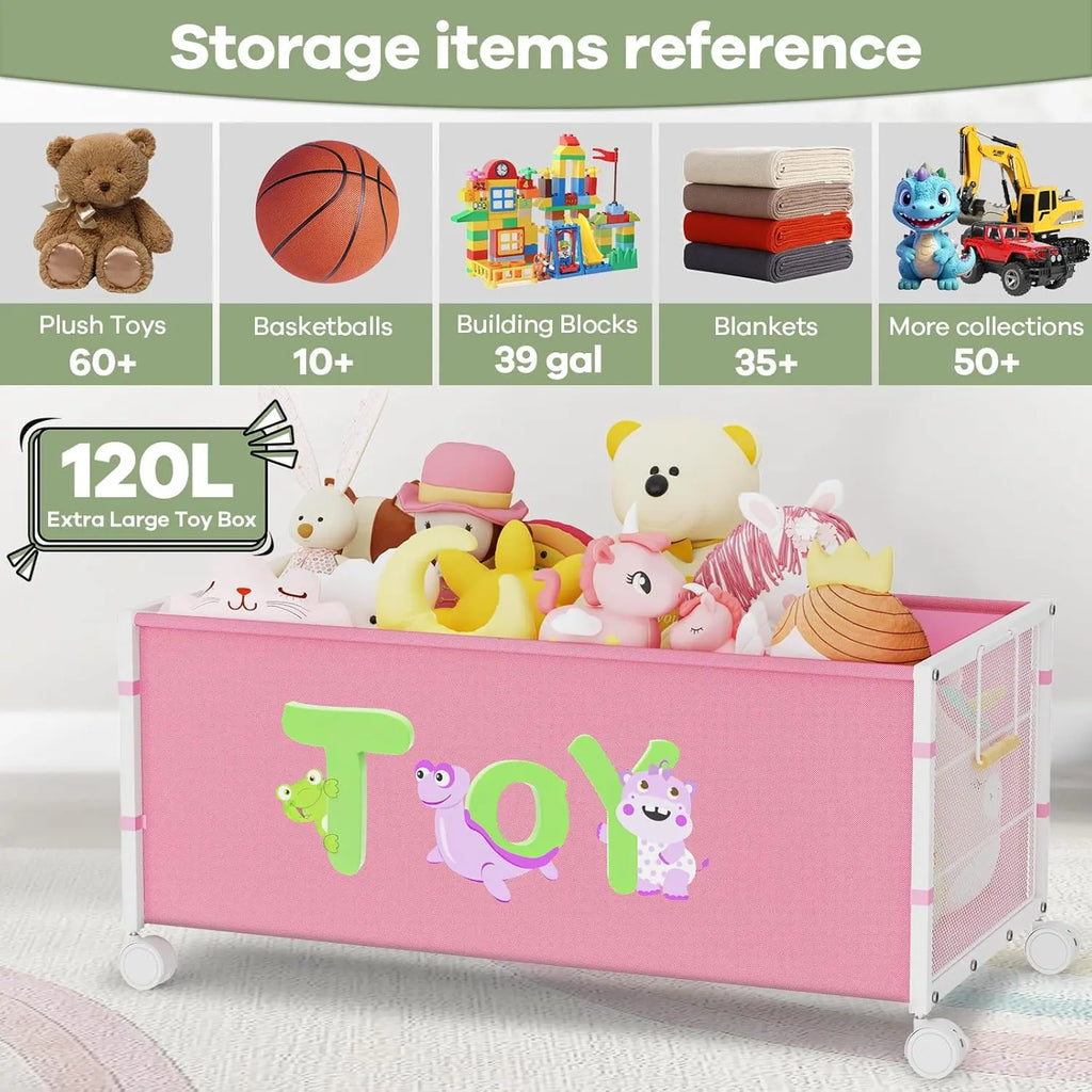 120L Kids Toy Box with Wheels & Handle, Large Toy Chest for Boys Girls, Pink Storage Organizer