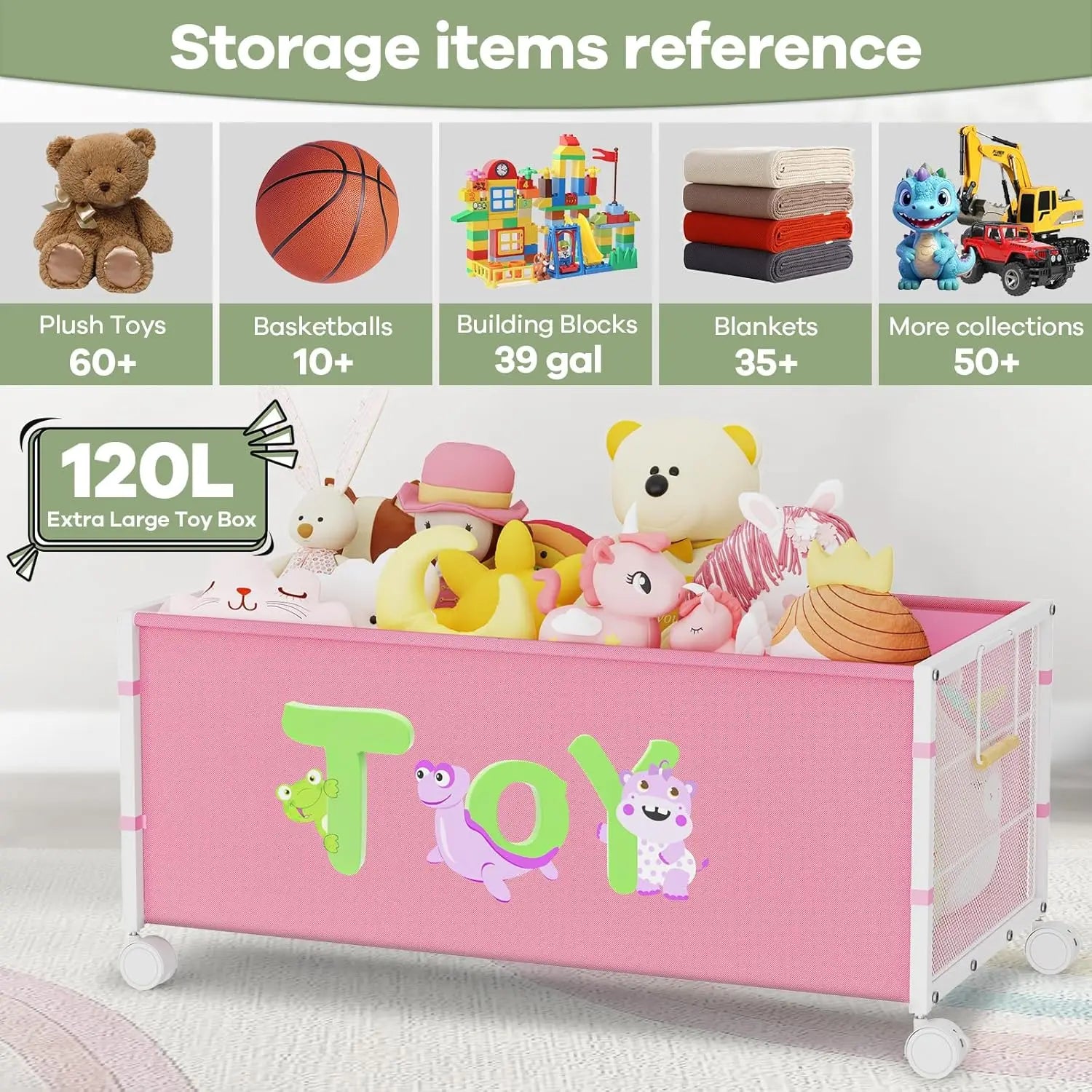 120L Kids Toy Box with Wheels & Handle, Large Toy Chest for Boys Girls, Pink Storage Organizer